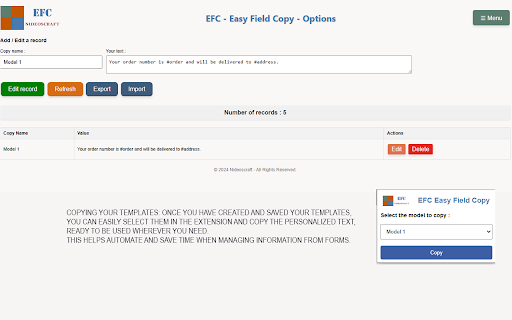EFC Easy Field Copy  from Chrome web store to be run with OffiDocs Chromium online