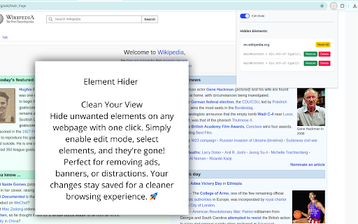 Element Hider Clean Your View  from Chrome web store to be run with OffiDocs Chromium online