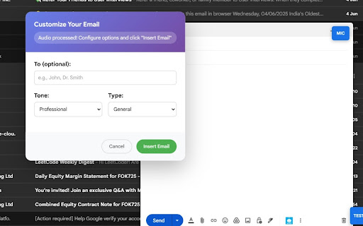 Email Transcription Voice to Text  from Chrome web store to be run with OffiDocs Chromium online