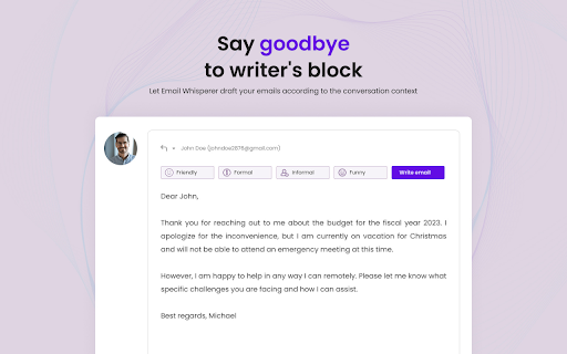 Email Whisperer GPT AI Email Writer  from Chrome web store to be run with OffiDocs Chromium online