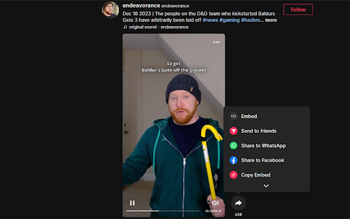 EmbedTok  from Chrome web store to be run with OffiDocs Chromium online