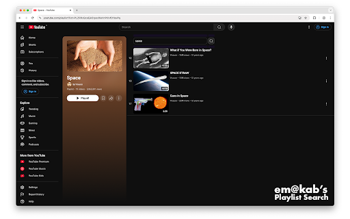 em@kabs YouTube Playlist Search  from Chrome web store to be run with OffiDocs Chromium online