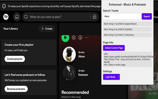 Enhanced Music  Podcasts (Pandora, Spotify, Apple and more)  from Chrome web store to be run with OffiDocs Chromium online