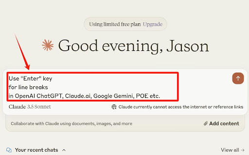 Enter Key Control for ChatGPT, Claude.ai, Google Gemini  from Chrome web store to be run with OffiDocs Chromium online