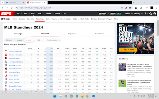 ESPN MLB numbered standings  from Chrome web store to be run with OffiDocs Chromium online