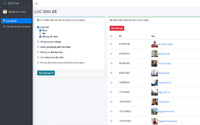 ET2.FUN Lọc bạn bè không tương tác  from Chrome web store to be run with OffiDocs Chromium online