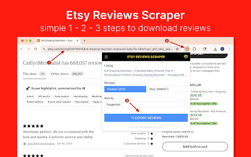 Etsy Reviews Scraper Extract Reviews from Etsy™️  from Chrome web store to be run with OffiDocs Chromium online