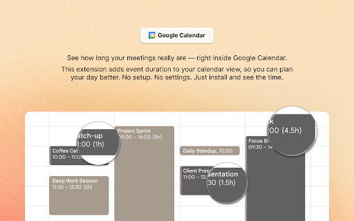 Event  Meeting Duration for Google Calendar™  from Chrome web store to be run with OffiDocs Chromium online