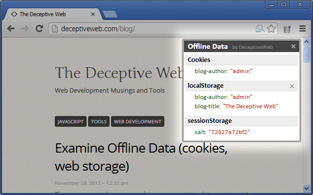 Examine Offline Data (Cookies, HTML5 Storage)  from Chrome web store to be run with OffiDocs Chromium online
