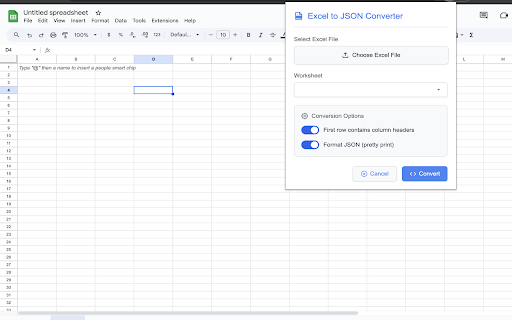 Excel to JSON Converter  from Chrome web store to be run with OffiDocs Chromium online