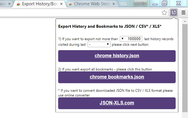Export History/Bookmarks to JSON/CSV*/XLS* from Chrome web store to be run with OffiDocs Chromium online Export History/Bookmarks to JSON/CSV*/XLS* from Chrome web store to be run with OffiDocs Chromium online
