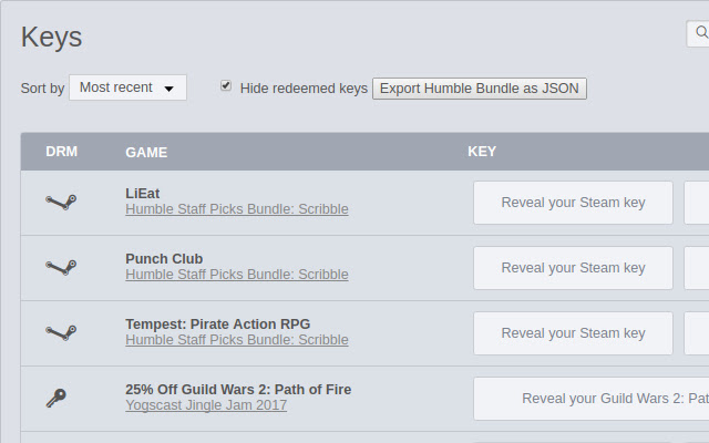 Export HumbleBundle Library to JSON  from Chrome web store to be run with OffiDocs Chromium online