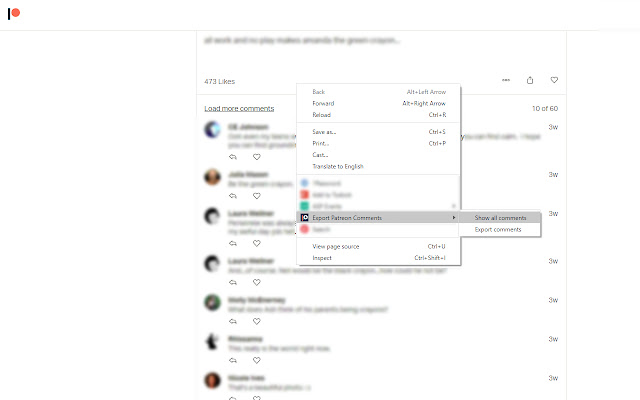 Export Patreon Comments  from Chrome web store to be run with OffiDocs Chromium online