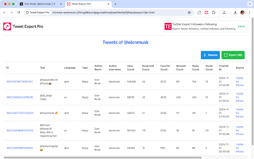 Export Tweets from User, Hashtag, and Search Term  from Chrome web store to be run with OffiDocs Chromium online