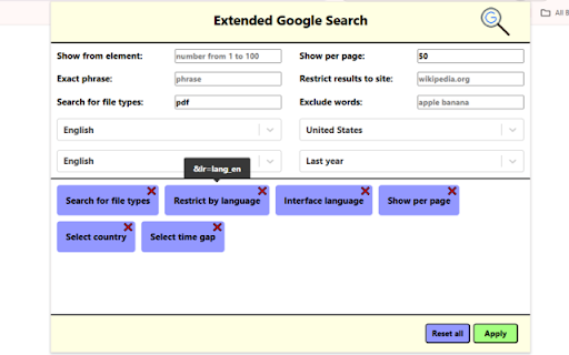 Extended Google Search  from Chrome web store to be run with OffiDocs Chromium online