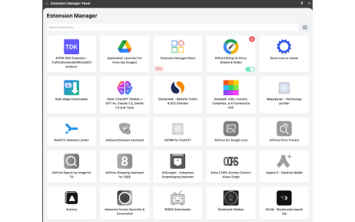Extension Manager Panel  from Chrome web store to be run with OffiDocs Chromium online
