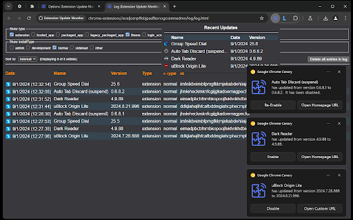 Extension Update Monitor  from Chrome web store to be run with OffiDocs Chromium online