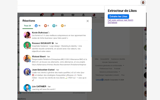 Extracteur de likes Linkedin  from Chrome web store to be run with OffiDocs Chromium online