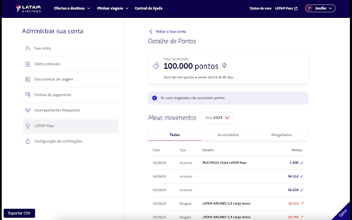 Extrato LATAM Pass em CSV  from Chrome web store to be run with OffiDocs Chromium online