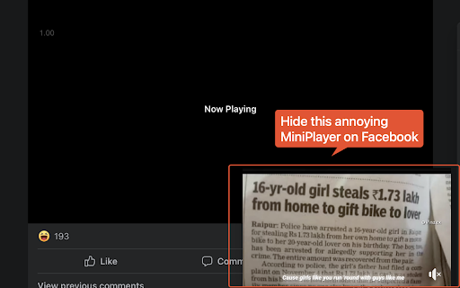 Facebook MiniPlayer Hide  from Chrome web store to be run with OffiDocs Chromium online