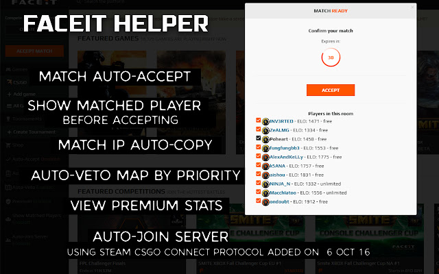 FACEIT HELPER  from Chrome web store to be run with OffiDocs Chromium online
