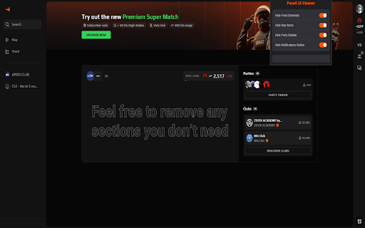 Faceit UI Cleaner  from Chrome web store to be run with OffiDocs Chromium online