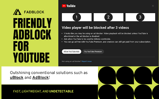 FadBlock Origin: Friendly YouTube™ Adblock  from Chrome web store to be run with OffiDocs Chromium online