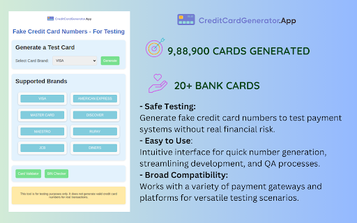 Fake Credit Card Numbers For Testing  from Chrome web store to be run with OffiDocs Chromium online