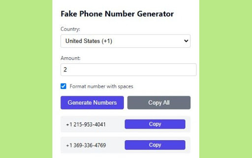 Fake Phone Number Generator  from Chrome web store to be run with OffiDocs Chromium online
