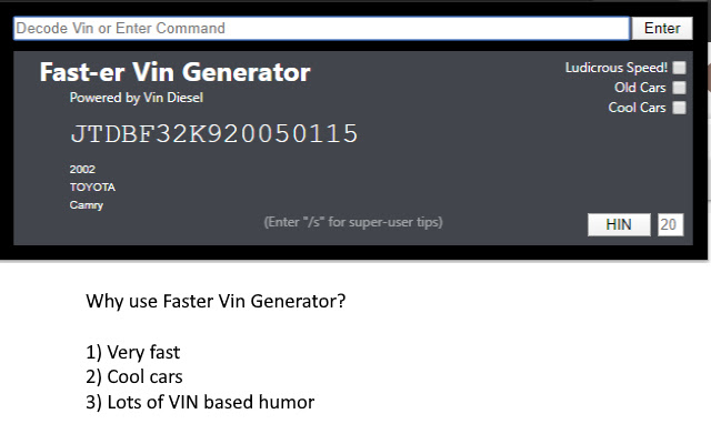 Faster Vin Generator  from Chrome web store to be run with OffiDocs Chromium online