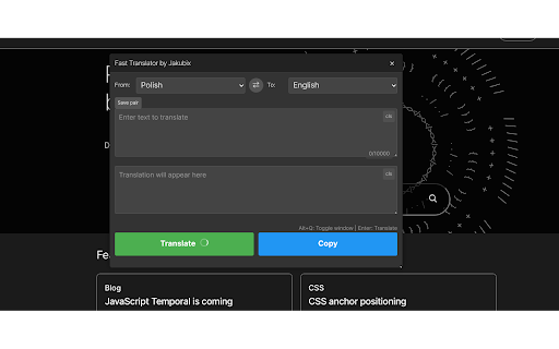 Fast Translator by Jakubix  from Chrome web store to be run with OffiDocs Chromium online