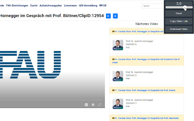 FAU.TV playback speed controller  from Chrome web store to be run with OffiDocs Chromium online