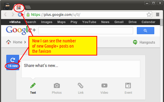 Favicon counter for Google+  from Chrome web store to be run with OffiDocs Chromium online