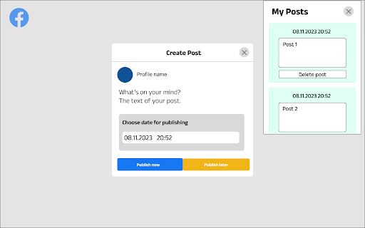 Fb Posts Manager schedule  from Chrome web store to be run with OffiDocs Chromium online