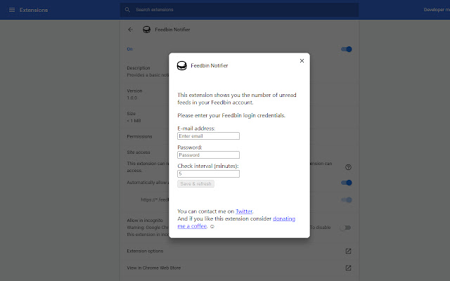 Feedbin Notifier  from Chrome web store to be run with OffiDocs Chromium online