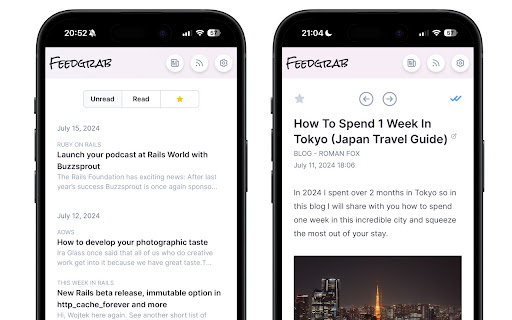 Feedgrab: A modern, beautiful and FREE RSS reader  from Chrome web store to be run with OffiDocs Chromium online