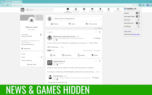 FeedKiller  from Chrome web store to be run with OffiDocs Chromium online
