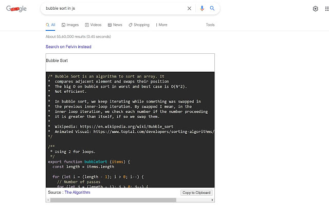 Felvin: Google search enhancer for developers  from Chrome web store to be run with OffiDocs Chromium online