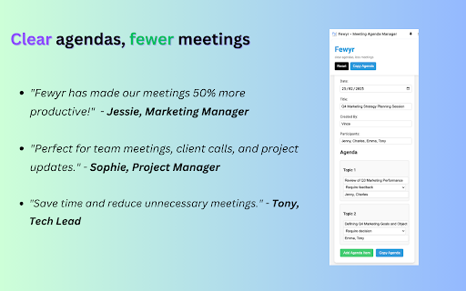 Fewyr clear agendas, fewer meetings  from Chrome web store to be run with OffiDocs Chromium online