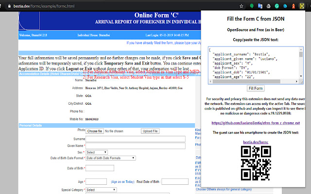 Fill the Online Form C from json  from Chrome web store to be run with OffiDocs Chromium online