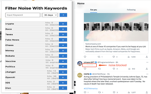 Filter Social Noise Mute words, block annoying tweets and Ads  from Chrome web store to be run with OffiDocs Chromium online