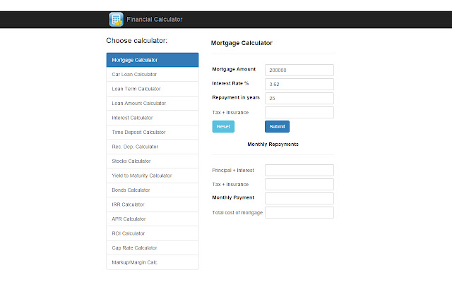 Financial Calculator mula sa Chrome web store na tatakbo sa OffiDocs Chromium online