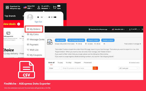 FindNiche AliExpress™ Data Exporter  from Chrome web store to be run with OffiDocs Chromium online