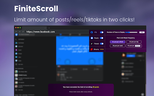 FiniteScroll Limit infinite scrolling on social media  from Chrome web store to be run with OffiDocs Chromium online