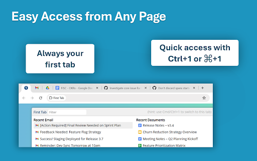 FirstTab Quick Access to Recent Email, Docs, Chats, Dev Items and more  from Chrome web store to be run with OffiDocs Chromium online
