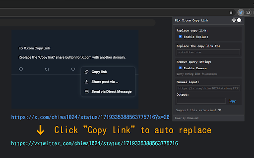 Fix X.com Copy Link  from Chrome web store to be run with OffiDocs Chromium online