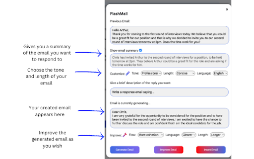 FlashMail: AI Email Assistant  from Chrome web store to be run with OffiDocs Chromium online