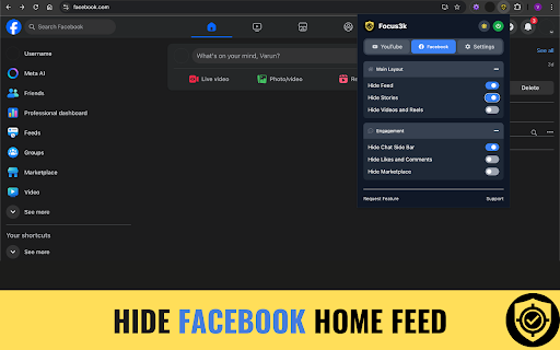 Focus3k Hide YouTube and Facebook Feeds  from Chrome web store to be run with OffiDocs Chromium online