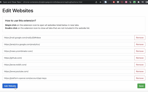 Focus: Batch Open  Close Websites  from Chrome web store to be run with OffiDocs Chromium online