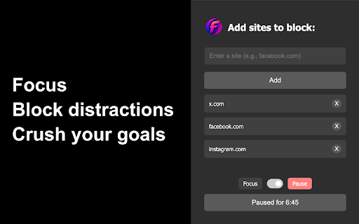 Focus: Block Websites  Stay Focused  from Chrome web store to be run with OffiDocs Chromium online